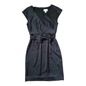 J. Crew Black Cap Sleeve Tie Waist V Neck Modest Silky Dress Sz 0 Career Elegant